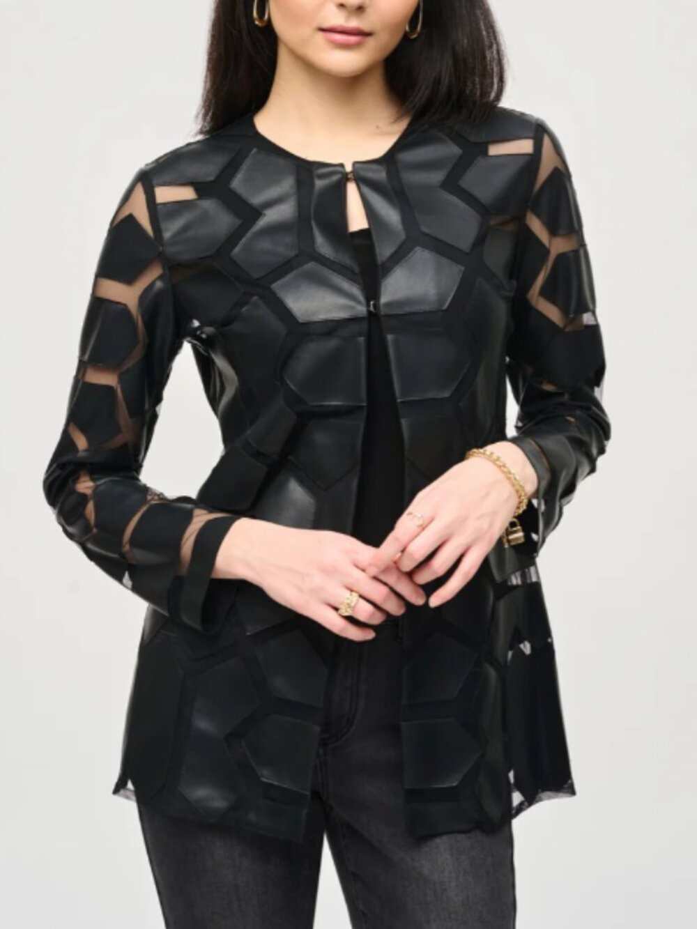 NWT! Joseph Ribkoff Laser Cut‎ Leatherette Jacket 241905 Black Size Medium $295